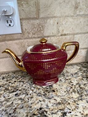 Burgundy Porcelain Teapot with Gold Accents
